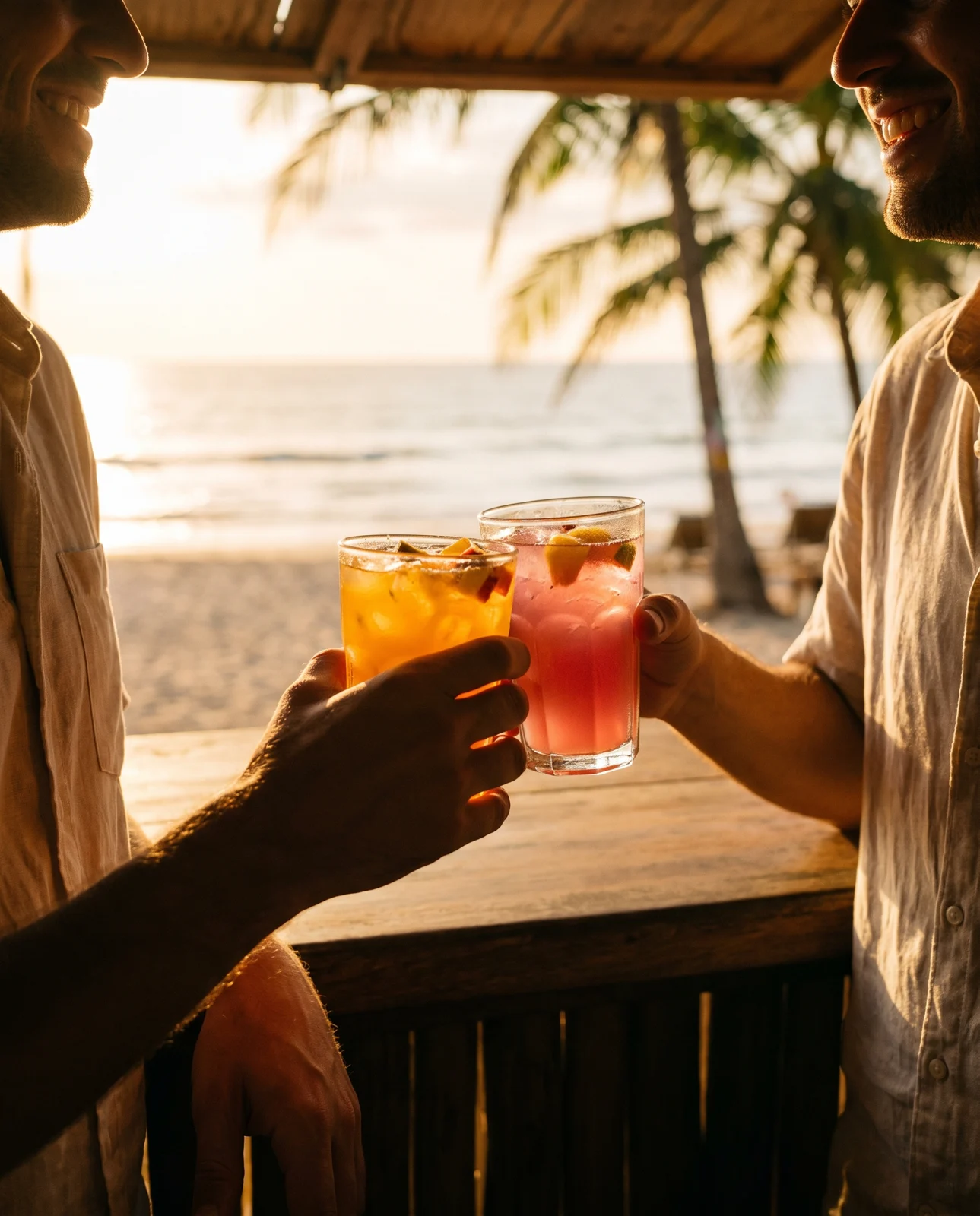 Two friends clinking cocktails at a beach bar